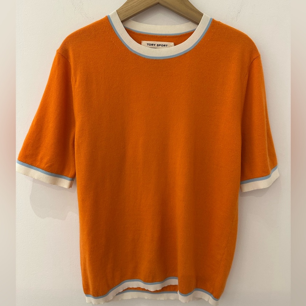 Tory Burch Orange Short-Sleeve Crewneck Sweater with White & Light Blue Trim
